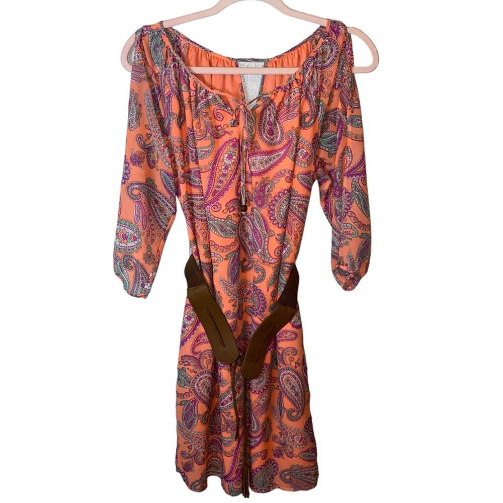Cato Paisley Cold Shoulder‎ Dress Belted Keyhole Boho Medium